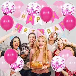 Birthday balloon set with pink confetti balloons and happy birthday banner decor