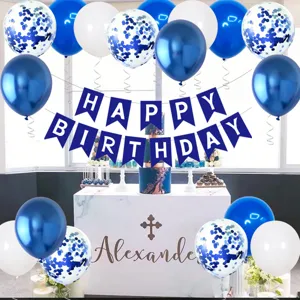 Blue birthday party decoration set with happy birthday banner and confetti balloons.
