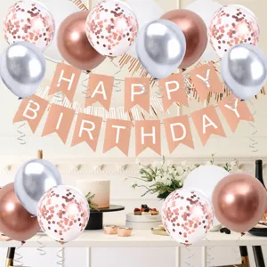 Birthday party decoration set with rose gold balloons and happy birthday banner backdrop.