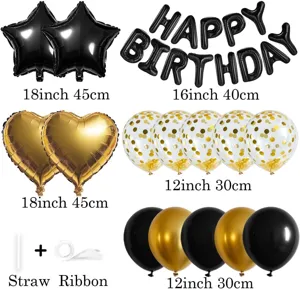 Birthday balloon set with black star, heart, letter foil and confetti latex balloons.