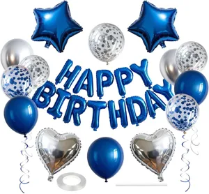 Birthday party balloon set with blue foil letter balloons, stars, hearts, and confetti latex.