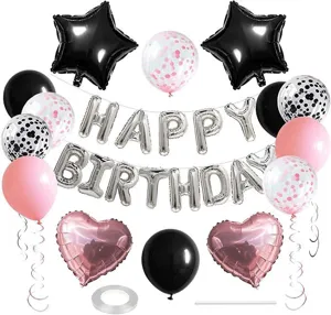 Birthday balloon decoration set details, including silver letter foil balloons and confetti items.