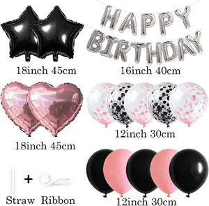 Closeup details of birthday balloon set including star foil balloons, letters and latex balloons.