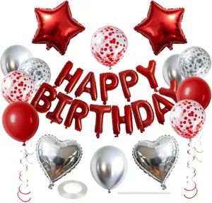 Birthday party balloon set with red star foil balloons and happy birthday letter balloons.
