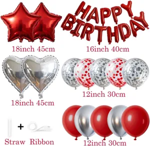 Birthday party balloon set detail showing red star, silver heart, and letter foil balloons.
