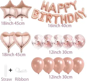 Rose gold birthday balloon set with star, heart, letter and confetti balloons for party decor.