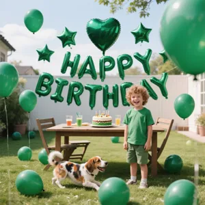 Green birthday foil letter balloons set with star and heart balloons for party decoration.