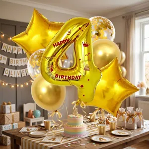 Set baloniv genethlion me megalo chriso balon aluminio arithmos 4 kai diakosmisi.