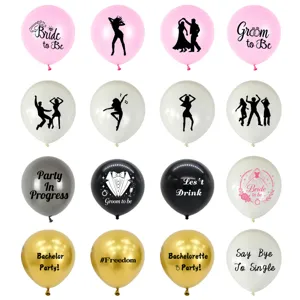 Assorted bachelorette party latex balloons set, featuring bride and groom prints for decor.