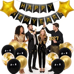 New Year black and gold balloon decoration set with banner and 2027 foil balloons for party.