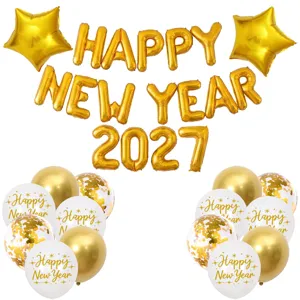 New Year balloon set with gold letters HAPPY NEW YEAR 2027 and star balloons for party decoration