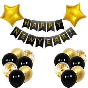 New Year black gold balloon set with letter banner and star balloons for party decor