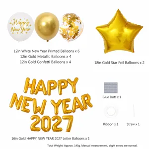 New Year balloon set with gold letter balloons, star balloons, and printed latex balloons.