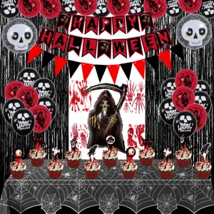 Halloween Party Balloon Set Spider Web Tablecloth Grim Reaper Balloons Banner Cake Toppers Decor
