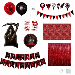 Halloween party decoration set including latex balloons, spider web tablecloth, and banners.