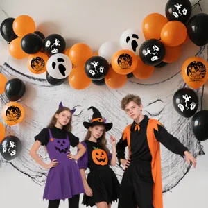 Halloween party decoration balloon set with spooky ghost print designs and festive atmosphere items.