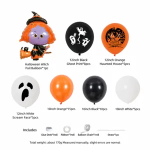 Halloween balloon arch kit with witch foil and latex balloons for holiday party decor setup.