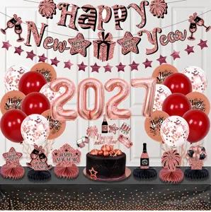 2027 New Year party balloon decoration set with banner, foil numbers, and festive cake toppers.