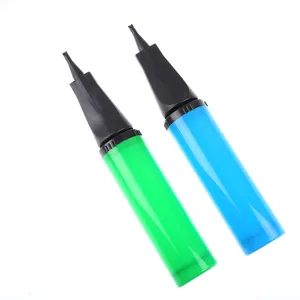 Portable plastic balloon hand pump in green and blue, ideal for party decor and quick inflation.