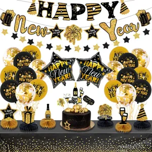 New year party decoration set with black gold balloons banners cake toppers for celebration.