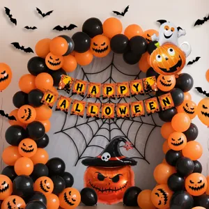 Halloween party decoration balloon arch set with pumpkin and bats banner for spooky events