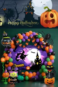 Halloween party balloon arch backdrop details showing witch and pumpkin foil balloons set.