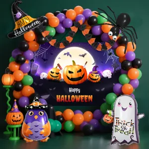 Halloween Balloon Arch Kit with Witch Pumpkin Backdrop Latex Balloons Garland for Festival Party Decoration