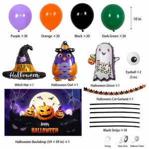 Halloween party balloon arch decoration set with backdrop, spooky ghosts and witch hat foil balloons.