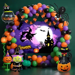 Halloween balloon arch kit with witch backdrop and spider foil balloons for party decor.