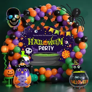 Halloween balloon arch kit with spooky foil balloons and backdrop for party decoration.