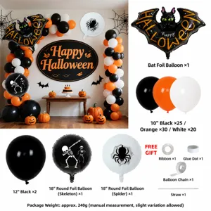 Halloween balloon arch kit with foil bat skeleton spiders and latex balloons for party decor.