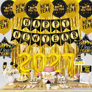 New Year party decoration set with black gold balloons 2027 banner backdrop decor.