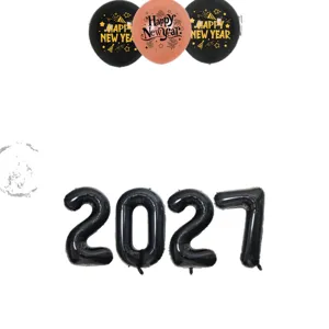 New Year party decoration balloons set with black number foil balloons and printed latex balloons.