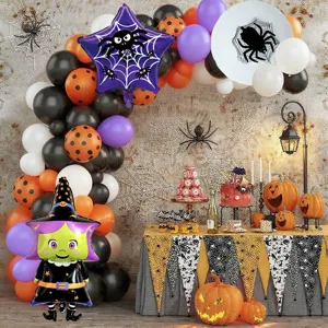 Kit d'Arche de Ballons d'Halloween Décoration de Fête Ballons en Aluminium et Latex Thème Araignées Citrouilles Fournitures de Fête