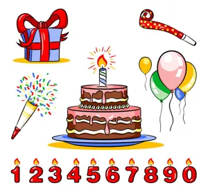 Birthday party decoration cartoon illustration set with cake balloons and candles for celebration