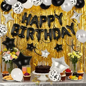 Birthday party balloon set with black and silver foil letters and star decorations for celebration.