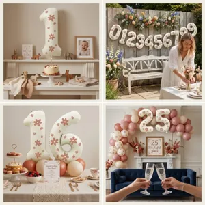 Floral number balloons detail scenes, perfect for birthday party decoration and celebration.