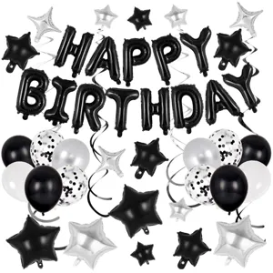 Black silver birthday balloon set with foil letter happy birthday and star confetti balloons.