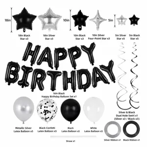 Birthday party balloon set including star foil balloons and black letter decoration pack.