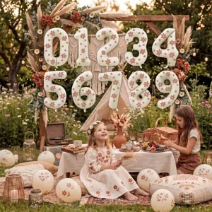 Outdoor birthday party scene setup with number balloons and floral picnic decor details.