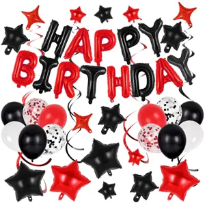 Red black birthday party balloon set with foil letter balloons stars latex balloons decor.