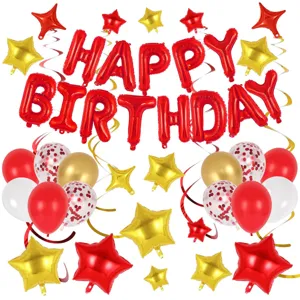 Birthday balloon set featuring red foil letter balloons happy birthday, star balloons and confetti.