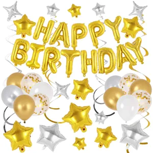 Birthday party balloon set with gold letter foil balloons, star balloons and confetti latex balloons.