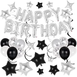 Birthday balloon set with silver letter foil balloons, black and silver star balloons for party.