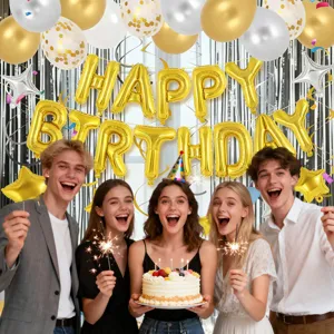 Birthday party decoration balloon set with happy birthday letter foil and metallic balloons.