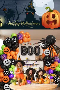 Halloween feestdecoratie scène met ballonboog, pompoenballonnen en vrolijke kinderen.