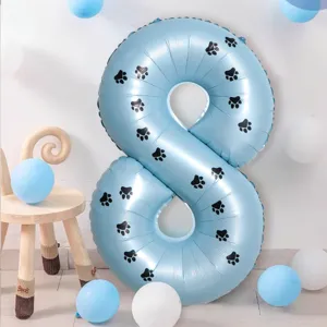 Detailed scene shot of a 40-inch blue number 8 foil balloon with cute black paw prints.