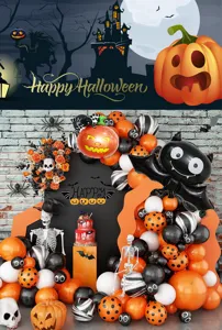 Kit de ballons en latex d'Halloween avec citrouille et chauve-souris pour déco de fête.