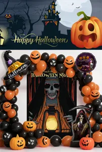 Halloween party decoration balloon set with spooky backdrop and scary pumpkin accessories.