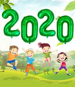 Green foil number 2020 balloons detail view, perfect for birthday party and wedding decorations.